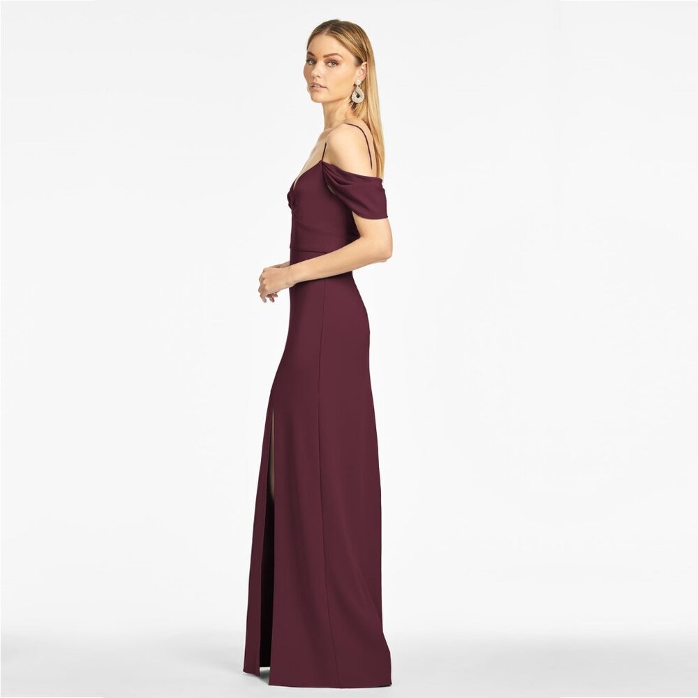 NWT SACHIN + BABI Brittany Gown in Deep Wine Off-Shoulder Crepe Maroon Merlot 18 - Picture 2 of 9